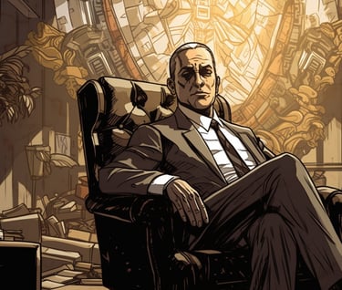 a man in a suit and tie sitting in a chair