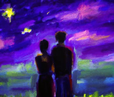 a painting of two people standing in front of a purple sky