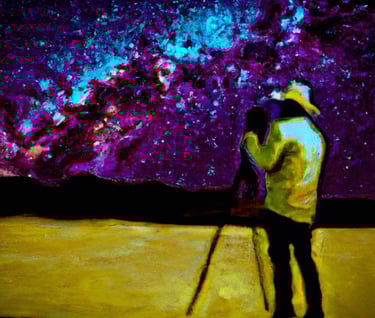a man in a yellow jacket and hat standing in front of a purple sky