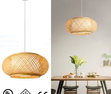 MNK-LC48 Lantern Chandelier Bamboo Wicker Pendant Light, Rattan Light Hanging Vintage Woven Lampshad