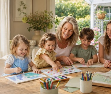 A happy grandmother and grandchildren enjoy arts and crafts and board games at a dining table.