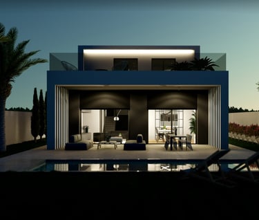 a house with a pool and a lounge chair