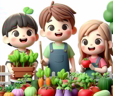 Crianças em 3D representando Alunos da EMI colhendo legumes na horta da escola
