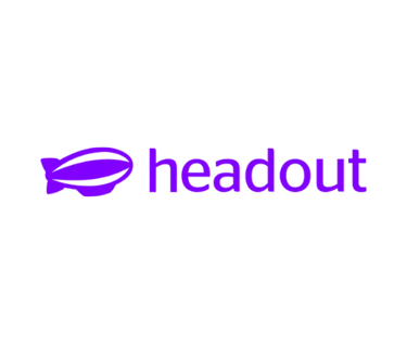 Purple Headout logo featuring a blimp icon and lowercase typography on a black background.