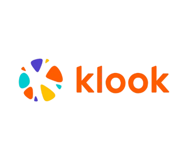 Official orange Klook travel logo and colorful abstract icon on a black background.