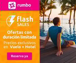 Rumbo flash sales promotion for flight and hotel travel deals at a luxury beach resort pool.