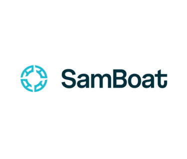 SamBoat logo featuring a blue circular icon and wordmark on a black background.