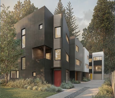 Modern black middle housing architecture with a red door and sustainable landscaping.