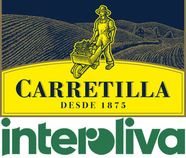 Carretilla and Interoliva logos featuring a farmer pushing a wheelbarrow of vegetables over farm fields.