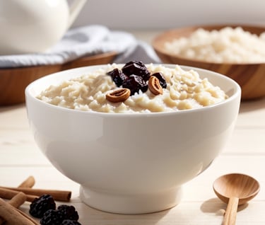 vaso con arroz de leche uvas pasas y canela