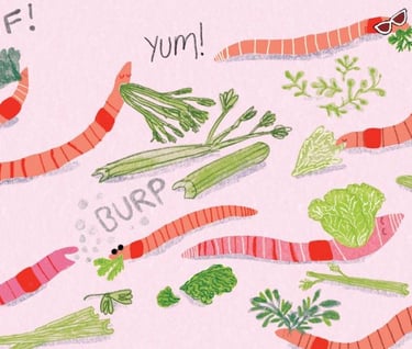 Illustration from from Darwin's Super-Pooping Worm Spectacular. Showing earthworms eating leaves.