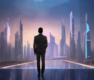 a man in a suit standing in front of a cityscapeople