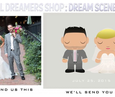 A photo of a bride and groom next to a cartoon drawing of the same people.