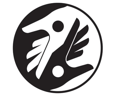 Black and white circular Yin Yang symbol featuring stylized hands and wings for balance and harmony.