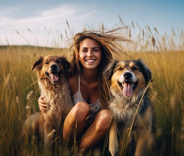 a woman sitting in a field with three dogs