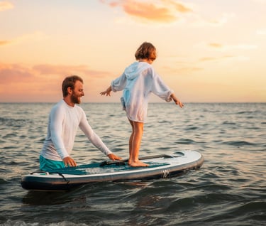 Tėtis laiko irklentę, ant kurios stovi vaikas ir bando išlaikyti pusiausvyrą.