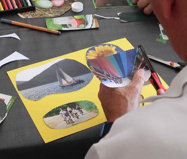 Un senior crée un collage lors d'un atelier d'art-thérapie à Cordemais
