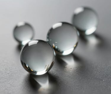 Abstract still life of glass spheres on a #AEAEA7 surface. Refractions of #F5F4F0 light create ethereal patterns. Sophisticated and artistic composition with deep #26211F contrasts. Professional minimalist photography.
