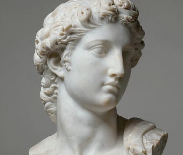 A sophisticated close-up of a marble sculpture under studio lighting, showing high-quality detail and texture. The composition is clean and minimalist, using a subtle color palette of #F5F4F0 and #6B625E to evoke a sense of professional artistry.