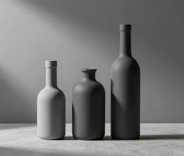 A vertical photograph capturing the interplay of light and shadow on a simple still life. Elegant forms in #AEAEA7 and #26211F create a sophisticated, moody atmosphere that evokes professional artistry.