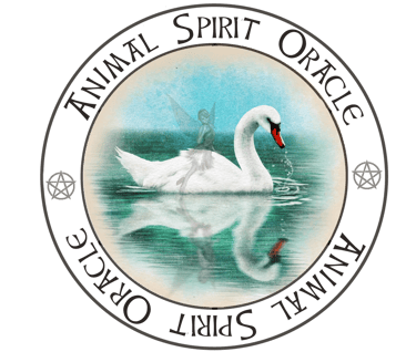 Animal Spirit Oracle logo and link. Beautiful white swan swimming with fairy flying alongside.