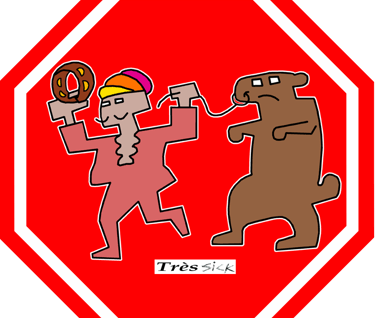 a stop sign with a cartoon bear and a bear