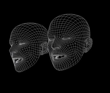 a pair of two heads of a man and woman singing a bambera made through cinema 4D