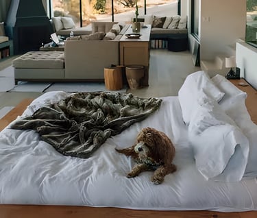 Cozy bedroom scene for abroad accommodation assistance, featuring a bed with a stuffed animal