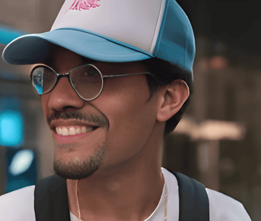 Close-up of a man wearing a blue baseball cap and glasses, smiling, embodying personalized guidance