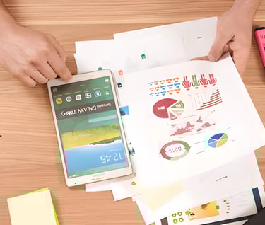 Hands holding a smartphone with a colorful interface and a paper with pie charts, symbolizing GMAT