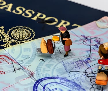 Miniature figurine pushing luggage cart on a stamped passport, illustrating visa application process