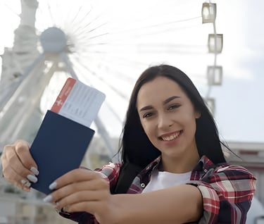 Woman smiling with passport and ferris wheel backdrop, illustrating Admit 360's support