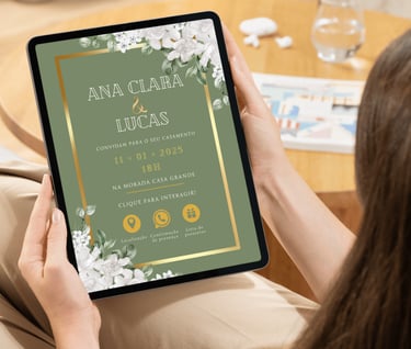 mulher segurando um tablet com a imagem de um convite de casamento digital