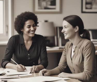 gray concrete wall inside building. two women sitting at a table talking and smiling 