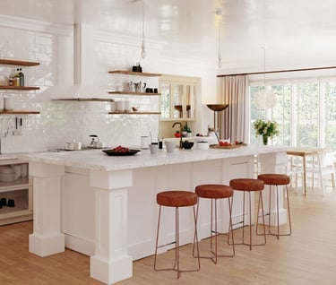a kitchen with a white counter top and a bar stool