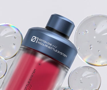 Third render of the modular bottle, with 3D bubbles behind