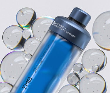 Second render of the modular bottle, with 3D bubbles behind