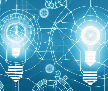 a group of light bulbs with gears and gears on a blue background