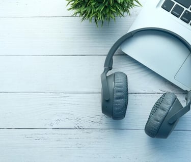 a laptop and headphones on a desk with a plant in the background, working on a transcription
