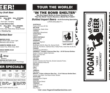 Hogan's Best Sandwiches menu page 1