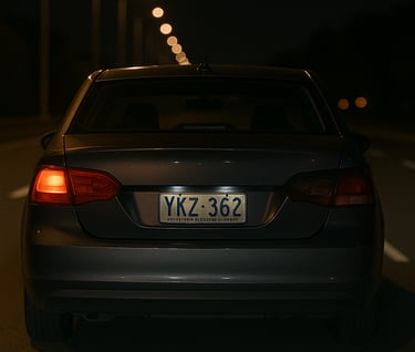 Rear of a car with one light on at night