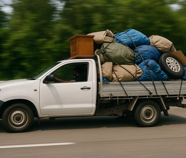 Utility vehicle with a full load on the back driving down the road