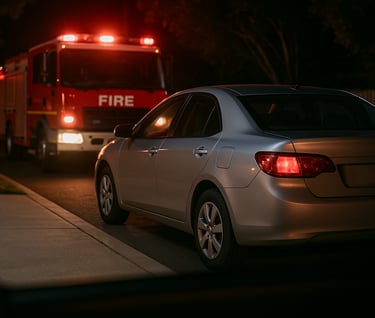 Car clocking a driveway with a fire engine trying to get in