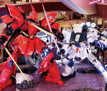 6m Sazabi vs Nu Gundam Fiberglass Statues for Gundam Exhibition 2022 Mall Display in Guangzhou Taikoo Hui by DEFARA