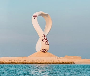 White Fiberglass Emblem Monument for FIFA World Cup Qatar 2022 Seaside Landmark in Doha by DEFARA