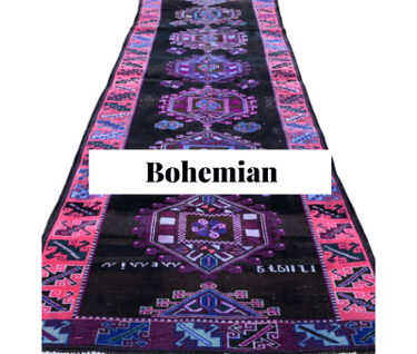 a pink, black and purple bohemian style rug runner