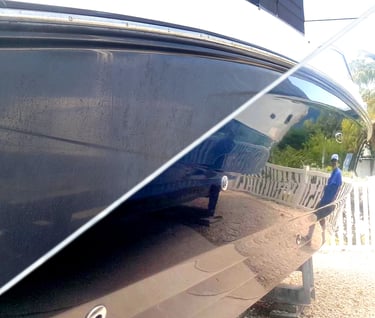 before and after boat detailing, shiny hull in St Pete, Sarasota