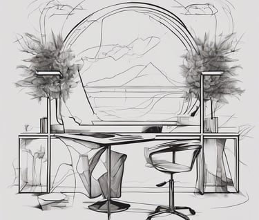 a drawing of a desk with a chair and a desk