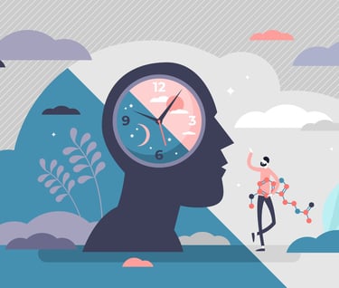 Circadian rhythm concept, tiny person vector illustration. Day and night cycle scheme. Daily human b
