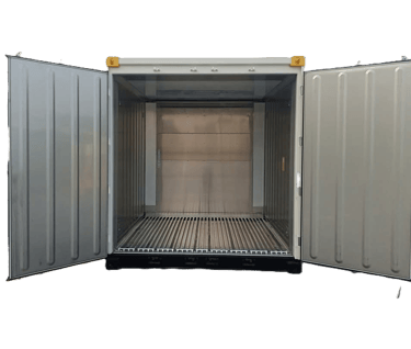 Empty refrigerated shipping container with open doors and a stainless steel T-bar floor.